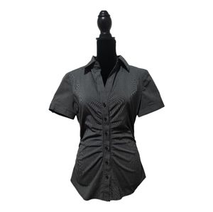 New York and Co.  Short Sleeve Dress Shirt|Black w/White Pinstripe w/ Ruching|S